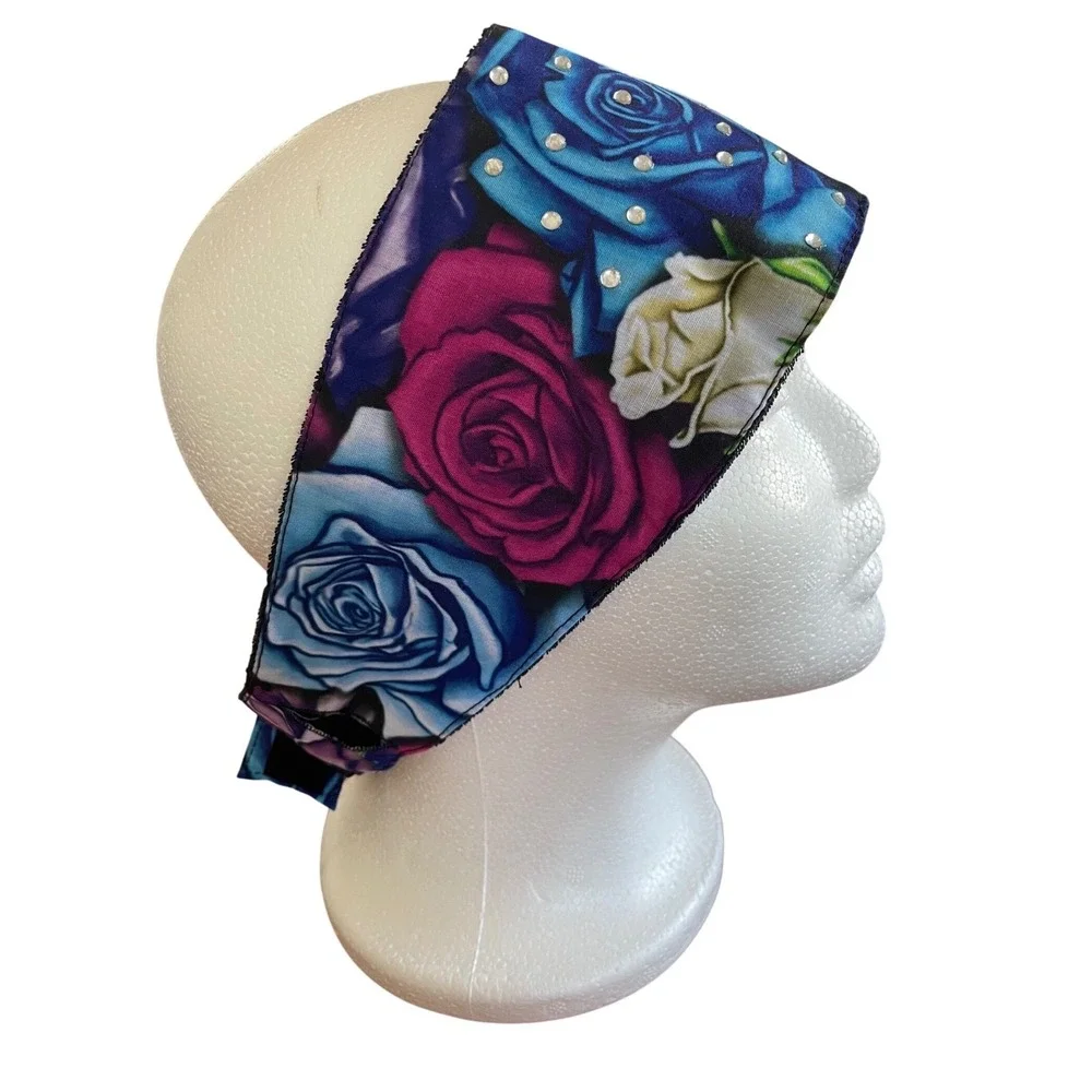 ChopTop Doo Wrap Headband Bandana Blue Rose Floral Rhinestone Biker Headwear‎ OS